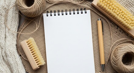 Blank spiral notebook with a pen and crafting supplies like twine and brushes, perfect for journaling, planning, or creative projects