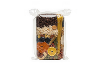 Packaged assortment of dried fruits nuts and other sweet treats isolated on transparent background