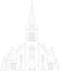 Fototapeta premium Vector Outline Drawing of Historic Church with Steeple Cross and Snow Covered Pine Trees Winter Holiday Religious Architecture Coloring Page