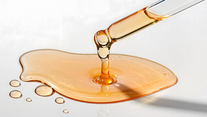 Beta Glucan Serum Texture Droplet with Glass Dropper on White Background