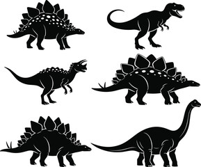 Dinosaur silhouette vector, prehistoric animal illustration, black dinosaur icons, stegosaurus and tyrannosaurus rex, kids education, paleontology clipart © MdMasud