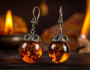 Close-up of amber drop earrings with ornate silver accents