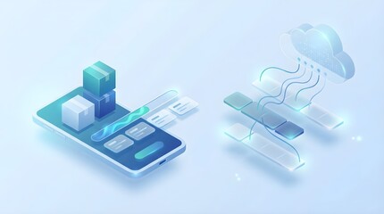 Abstract 3D illustration of buy now pay later (BNPL) payment flow showing flexible installment stages and secure cloud transactions