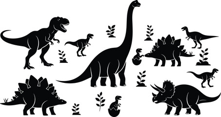 Dinosaur silhouette vector, prehistoric scene illustration, baby dinosaurs, hatching eggs, black icons, jurassic animals, kids education, nature clipart © MdMasud