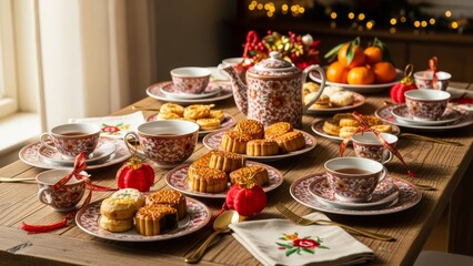 Naklejka premium Mid-Autumn Festival Table Setting with Mooncakes, Tea, and Oranges