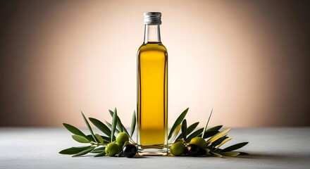 Olive Oil Bottle with Green Olives and Leaves on White Table