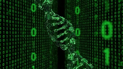 DNA double helix structure amidst digital binary code. - Powered by Adobe