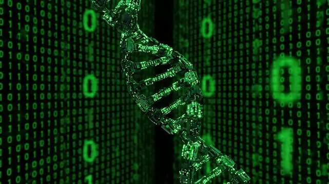 DNA double helix structure amidst digital binary code.