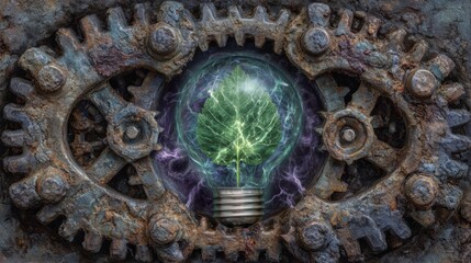 A vibrant leaf shaped like a glowing bulb sits within corroded gears and sparks, illustrating the clash of industry and nature for sustainability, green energy, and eco-technology concepts.