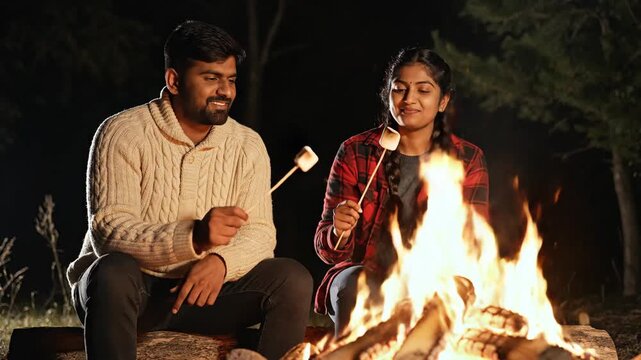 Cozy evening around campfire with friends featuring marshmallows and warmth
