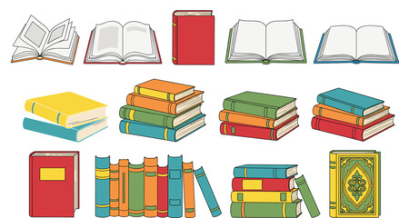 Colorful book vector set with open textbooks stacked novels and library bookshelves isolated on white background for education and literature design projects. © MstBobita