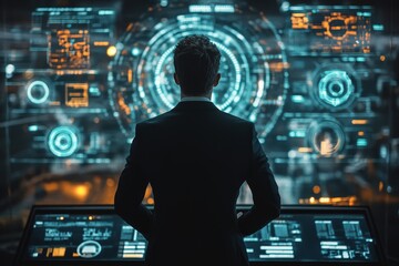 Businessman watching a digital interface with cybersecurity icons and holograms, emphasizing modern data protection strategies, Generative AI