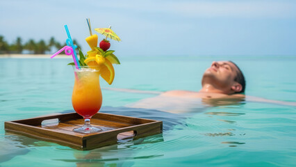 Man lounging in a tranquil pool with a tropical drink on a floating tray, enjoying a sunny day with clear blue sky and palm trees in the background