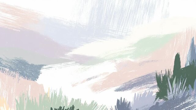 A painting of a field with trees and grass. The sky is cloudy. Subtle pastel hand-drawn natural view, gentle composition, minimalist textured strokes, pastel hand drawn landscape