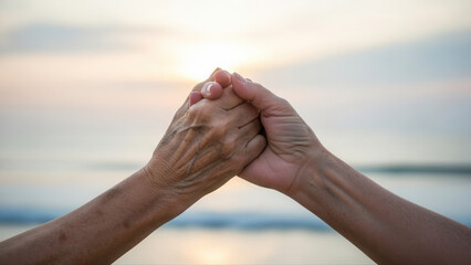 Elderly couple holding hands while dancing on the beach at sunset, with a tranquil ocean backdrop and warm golden light