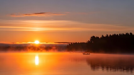 Sunrise over misty lake with golden sky reflections, silhouetted forest, and tranquil boats drifting in morning light