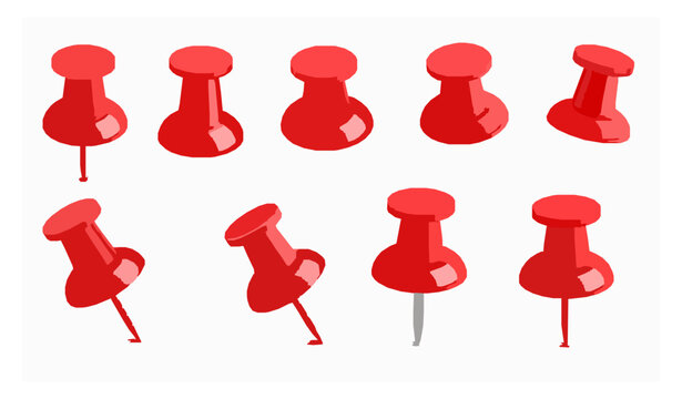 Realistic red push pin vector set with office thumbtacks and metal needles