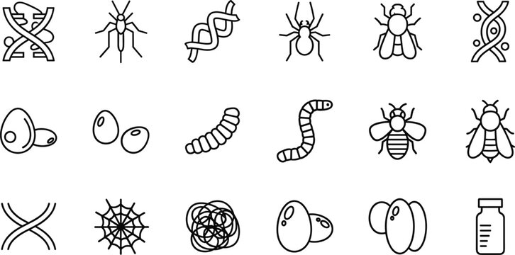 Collection of biology line icons featuring DNA helix strands, insects, spiders, larvae, eggs, bee, fly, spider web, and laboratory research equipment.