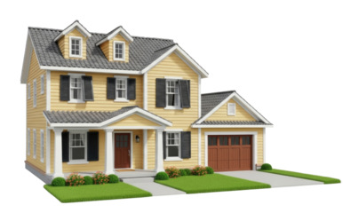 3d yellow suburban house with garage transparent background cutout png