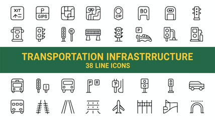 Vector illustration of transportation infrastructure icons in a clean and professional style
