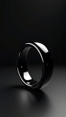 Luxury abstract 3D object of a floating black chrome ring with subtle surface distortions, ultra-smooth reflections, premium minimal CGI render, dark studio background, no text