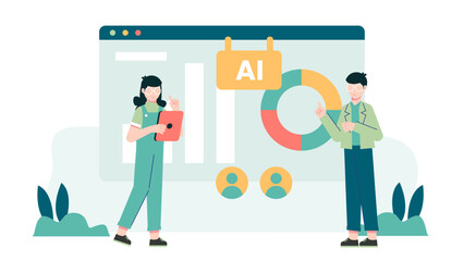 Corporate Team Using AI for Customer Churn Prediction. Flat Vector Illustration