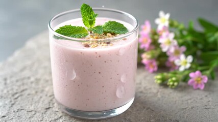 Refreshing pink smoothie with mint garnish and floral accents