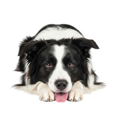 Playful border collie puppy lying down isolated on transparent background