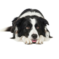 Curious border collie lying down isolated on transparent background