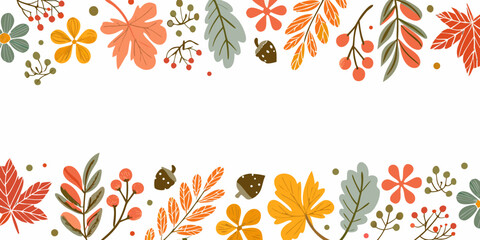 Autumn leaves and floral arrangement a colorful seasonal decorative border design © Juran