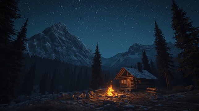 Cozy cabin under starlit night - Powered by Adobe