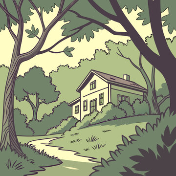 a quaint countryside home nestles amidst lush green trees and foliage viewed along a winding pathway in a serene landscape