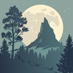 Fototapeta premium A serene nightscape depicting a silhouetted mountain pine trees and a lone figure under the glow of a full moon