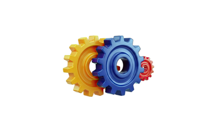 Three interlocking gears in orange, blue, and red