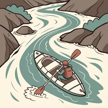 A scenic view of a winding river showcasing a lone kayaker paddling downstream through a rugged landscape high quality