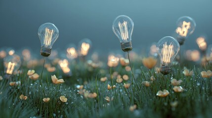 field of grass with glowing light bulbs