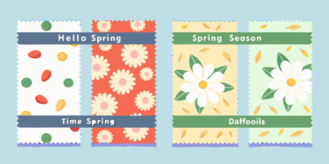 Naklejka premium Colorful spring themed postage stamps with floral designs and text
