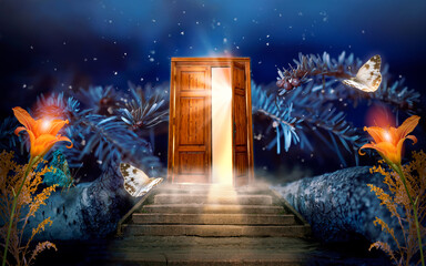 Fantasy enchanted fairy tale forest with magical opening secret wooden door and stairs leading to mystical shine light outside the gate, Lilies flowers, rays and flying fairytale magic butterflies.