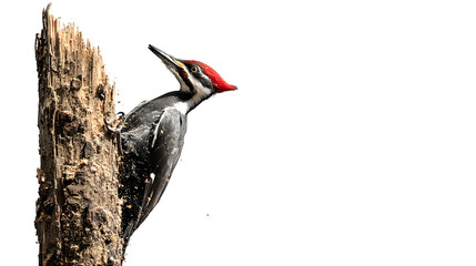 A woodpecker (e.g., Pileated Woodpecker) vigorously drumming on a tall, dead tree trunk, splinters of bark flying, capturing dynamic action, isolated on a Transparent background