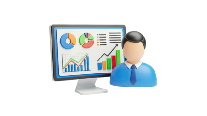 3D Business Analyst with Computer Displaying Financial Data
