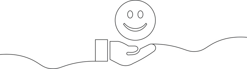 Fototapeta premium A simple line drawing of a hand holding a smiley face above a wavy line
