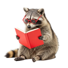 Raccoon reading book isolated on transparent background