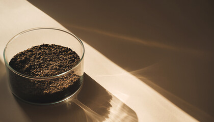 光の差し込む空間に置かれたガラス容器と土