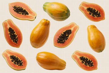 Whole and halved papayas are scattered across a light beige background to create a repetitive pattern.