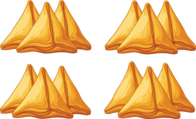 Golden fried samosa vector set with four groups of crispy delicious indian snack pastries isolated on white background for food menu design.