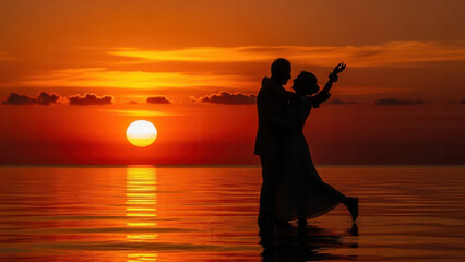 Elderly couple gracefully dancing on the beach at sunset, silhouetted against a vibrant orange sky with a glowing sun reflecting on the tranquil water