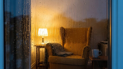 Cozy indoor scene with a rattan chair draped in a plaid blanket, accompanied by a book on a rainy evening, warm lamp light