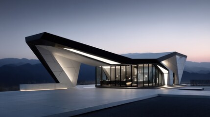 A futuristic outdoor structure designed with daring asymmetry bold black steel contrasts with radiant white ceramic panels Professional