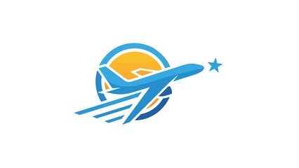 Blue airplane soaring through the sky with a star and sun logo design.