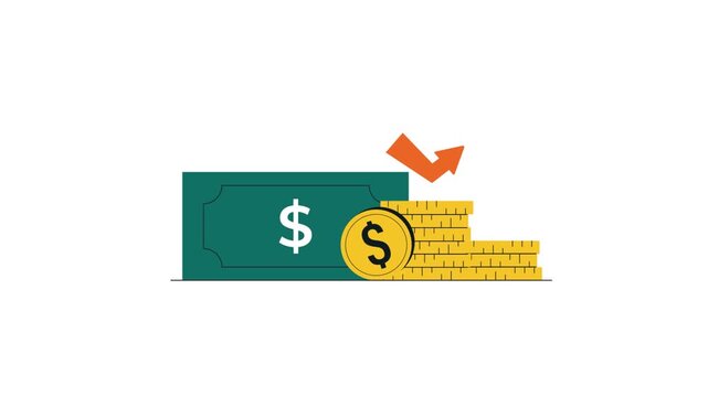 4k Dollar Banknotes and Coins with Down Arrow. Financial Loss Concept Animation Video